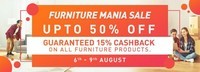 Pepperfry Furniture Mania Sale (6th to 9th Aug) - upto 50% off + 15% cash back