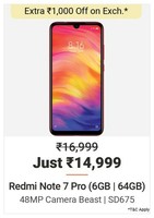 Redmi Note 7 Pro (6GB | 64 GB) - Up to ₹14,500 off on exchange + 10% off by ICICI debit card