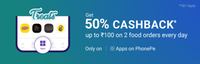Get 50% Cashback up to ₹100 on 2 Food orders every day for all users only on Apps on PhonePe