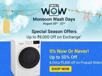 (Last day) Monsoon Wash days [ 20th -22nd August ] Upto Rs 8000 off on Exchange : Extra Prepaid Discount on selected machines