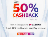 LazyPay :- Get 50% Cashback upto Rs. 100 on first TataSky transaction