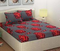 DECO READY Floral Design Print Cotton King Size Double Bedsheet,Set Of 1 Bedsheet And 2 Pillow Covers (Black, Double)