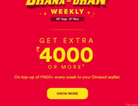Get extra Rs.4000 or more on top up of Rs.1500+ every week to Dineout Wallet