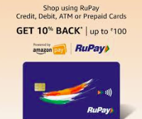 Pay for your order on Amazon using RuPay debit card/credit card/ prepaid card and get 10% cashback up to INR 100