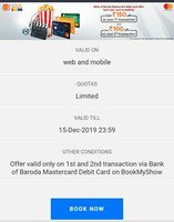 Bookmyshow: Get 150 OFF On 1st & 100 OFF on 2nd Using Bank of Baroda Master card ( Min 300)
