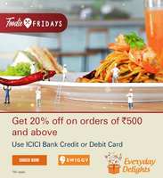 Swiggy - Get 20% off on orders above Rs 500/- using ICICI Credit and Debit Cards