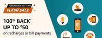 Flash Sale 100% upto 50 Cashback on Recharge or Bill Payment today 8 am -8 pm(7th October)