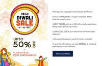 Pepperfry - Mega Diwali Sale (9th - 11Oct) : Up to 50% off + 20% cash back