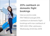 Domestic FLIGHT TICKETS- 20% Cashback up to ₹1,000 for Standard chartered cards. No Minimum order value