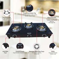 Inalsa Dazzle Glass Top, 3 Burner Gas Stove with Rust Proof Powder Coated Body