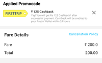 Flat 125 cashback on min 200 bus ticket booking 