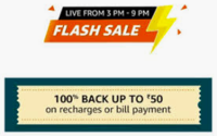 100% cashback on Recharge/Bill payments max 50 selected user 3pm-9pm