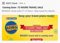 HDFC Festive Treats Sale Offer - Biggest 72 Hours Travel sale ( 11 - 13 Nov )