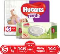 Huggies Wonder pants Diaper 146 Count And Baby wipes - Pack of 2 ( 144 Wipes ) Combo Pack - S (290) Piece