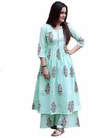 Flat 60% OFF on Marlin Women's Cotton Kurti With Palazzo Pant Set (Green)