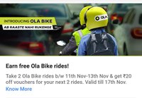Take 2 Ola bike rides between 11th to 13th Nov and get 20 off on next two bike rides 