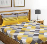 Ahmedabad Cotton 144 TC 100% Cotton Double Bedsheet with 2 Pillow Covers - Yellow and Grey