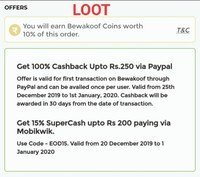 Bewakoof +paypal old 100% C.B up to 250