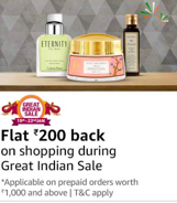 Amazon  Great India Sale Luxury beauty first purchase offer Flat 200 Cashback