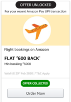 Amazon UPI Offer - Collect Multiple Coupons  (Rs 600 off on Rs 3000 flight and more) 