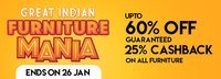 Pepperfry Furniture Mania - Get Up to 60% off + 25% cashback (Ends on 27th Jan)