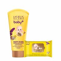 Lotus Herbals Baby+ Happy Bums Diaper Rash Creme 100 GMS & Gentle & Refreshing Baby Wipes 10 Count