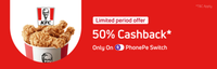 Get 50% Cashback up to ₹75 for all users on KFC orders only on PhonePe Switch