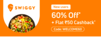 Flat 60% off upto 120₹ on 1st Order + Flat 50₹ Cashback on Swiggy Order via Phonepe Switch