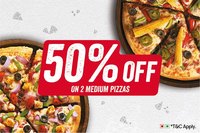 50 % off on 2 medium pizzas at pizzahut