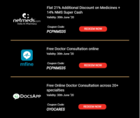 Free Online doctor consultation on Docsapp and Mfine and 21% off on Netmeds medicines