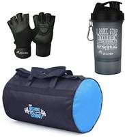VELLORA Polyester Long Lasting Material, Duffel Bag, Gym Bag with Sport Sipper Water Bottle and Gloves (Blue Black)