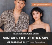 Koovs Flat 50% off + Extra 40% off on men's And Women's Clothing
