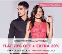 Koovs Flat 70% Off + Extra 20% off on men's And Women's Clothing
