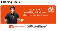 Flipkart travel fest (14th-18th june) - Flat 15% off on flights booking via Bank of Baroda credit card