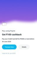 Get ₹100 Cashback (Dth Voucher) On Min ₹5000 Credit Card Bill Payment On Paytm (Select users)