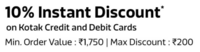 FLIPKART 10% Instant Discount with Kotak Bank Debit and Credit Cards on purchase of Groceries.