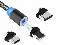 ZNZN Magnetic USB Charging Cable,Multi 3-in-1 Cable Charger with LED for Android, All Type C Mobiles and iOS Mobiles Fast Charging Cable (Black)