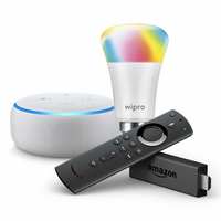 PRIME Only - Echo Dot (White) bundle with Fire TV Stick and Wipro 9W LED smart color bulb 