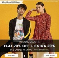 Koovs Flat 70% Off + 20% on Men's And Women's Apparel