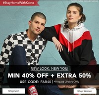 Koovs Min 40% + EXTRA 50% Off On Men's And Women's Apparel