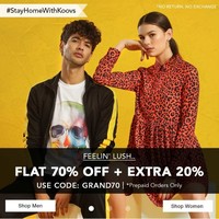 Koovs Flat 70% off + Extra 20% Off On Men's And Women's Apparel