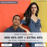 Koovs: Minimum 40% Off + Extra 40% Off On Men's And Women's Clothing