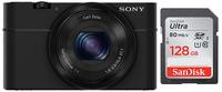 Sony Cybershot DSC-RX100 20.2MP Digital Camera with 3.6X Optical Zoom (Black) + SanDisk 128GB Ultra SDXC UHS-I Memory Card - 100MB/s, C10, U1, Full HD, SD Card