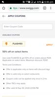 50 % off on selected items at swiggy. (Specific restaurants)