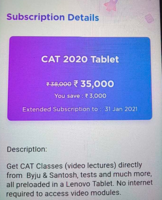 BYJU'S CAT 2020 Tablet Subscription at Rs.35000 (Original price 38000)