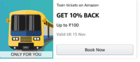 Amazon - 10% up to 100 cashback on train tickets (user specific) 