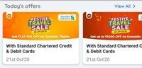 Flat 10% off on Domestic Flights and 12% off on Domestic Hotels on Goibibo for Standard Chartered Debit and Credit card holders (15th to 21st Oct)