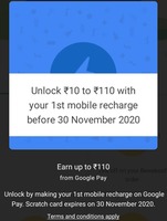 Google Pay Recharge - Unlocked scratch card worth ₹10 to ₹110 in rewards [Do recharge of £10]
