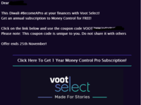 Free Moneycontrol Pro 1 Year Subscription for Voot Select members