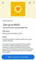 Google Pay - Get CB worth 15-600 : Pay min 150/- to Any Online/Offline Gpay Merchant (User Specific)